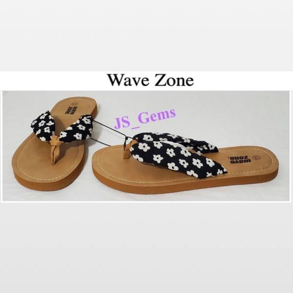 New Wave Zone Womens Flip Flops Slip On Black With White Floral Tan Size 11